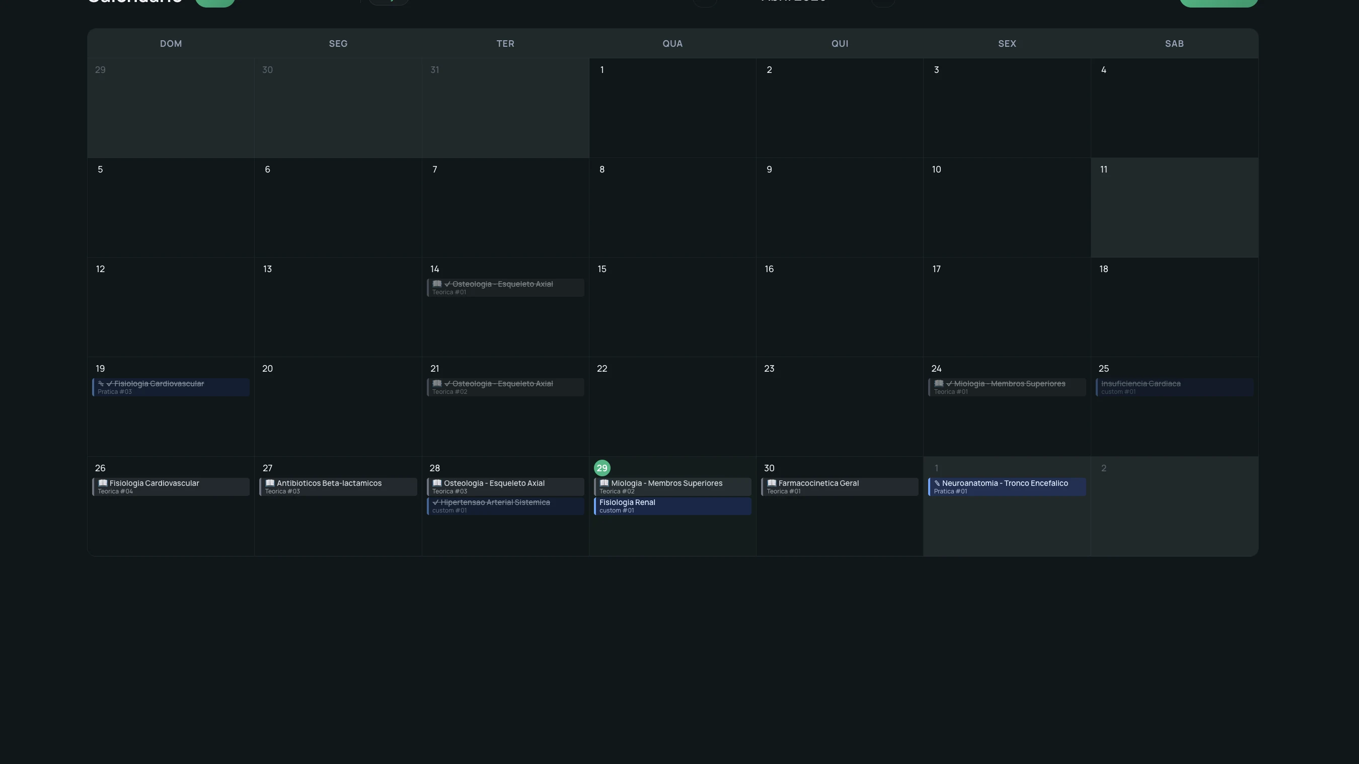 Calendario - vistas Mes, Semana e Tabela com drag-and-drop e codigo de cores por tipo de evento