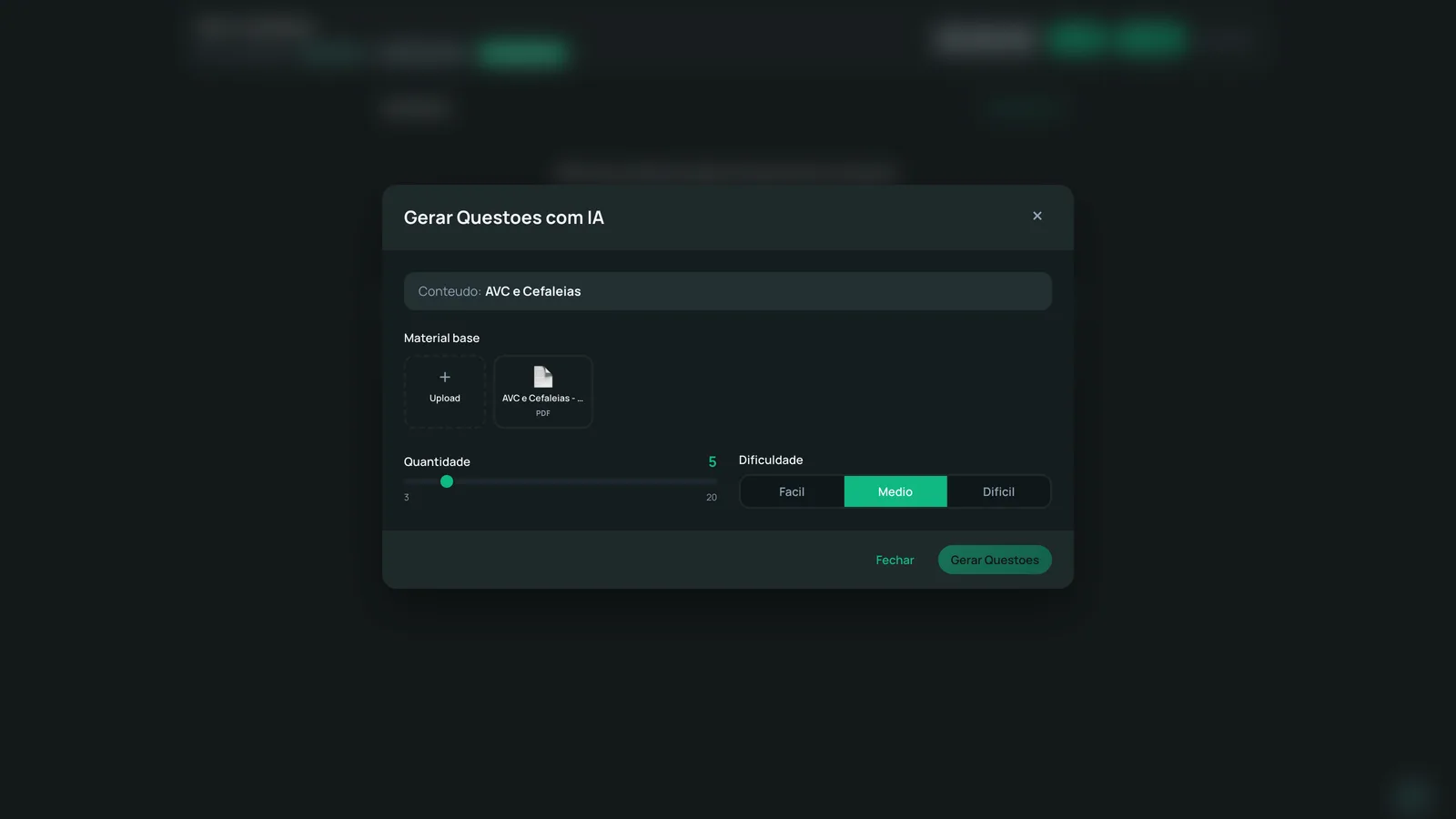 Gerar questoes com IA - escolha o material, a quantidade e a dificuldade
