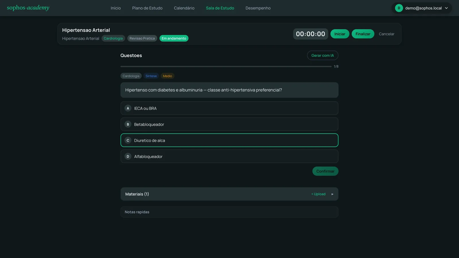 Sessão de estudo - timer, quiz da sessão e painel de materiais